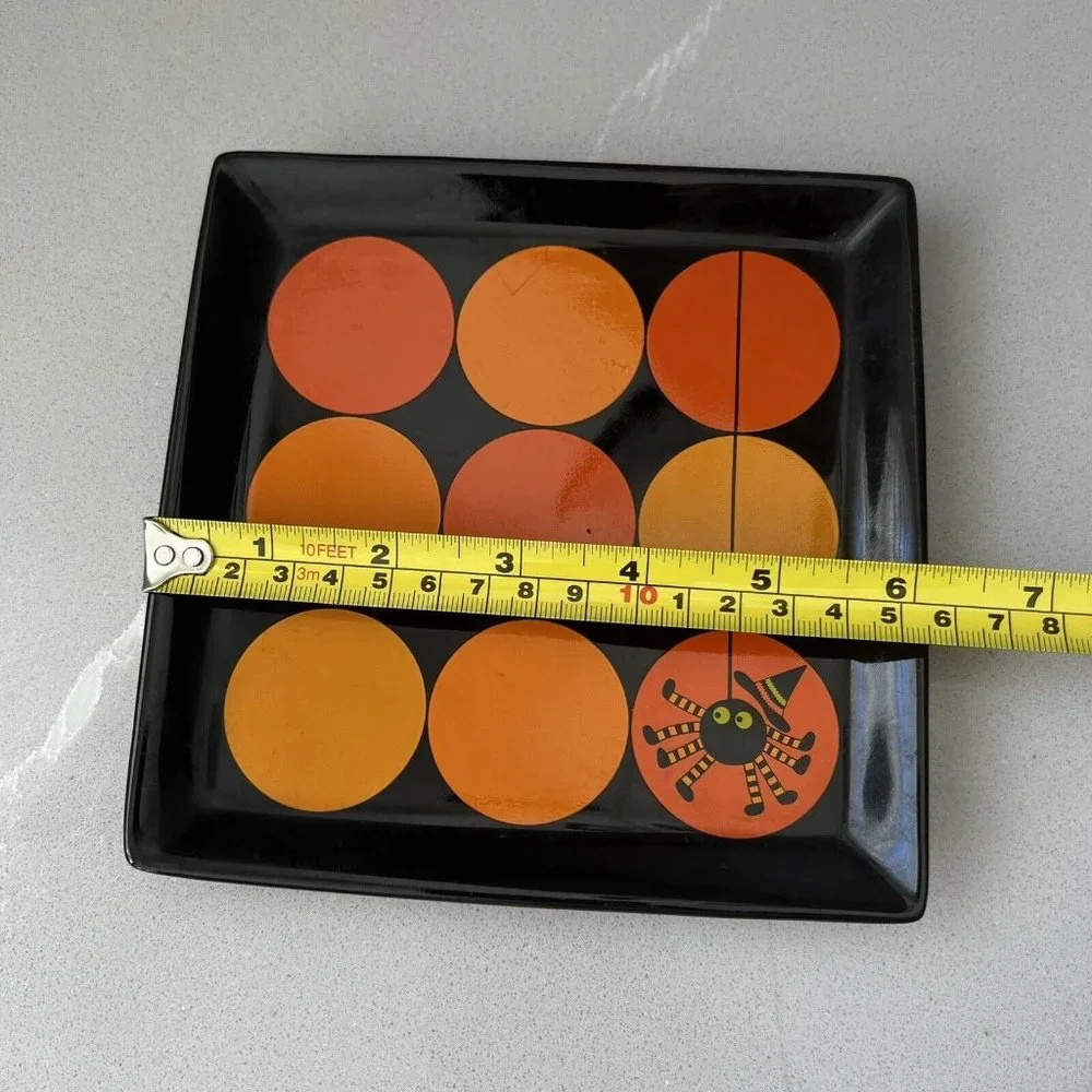Crate & Barrel Square Halloween Spider Appetizer Plate Ceramic Black Orange